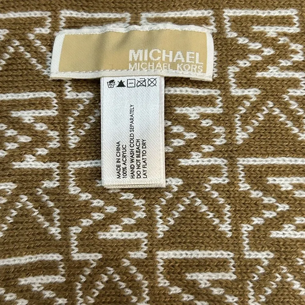 Michael Kors Women's Brown Tan Camel Knit Signature Logo Long Rectangle Scarf
